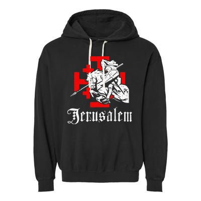 Medieval Templar Knight On War Horse Jerusalem Cross Garment-Dyed Fleece Hoodie