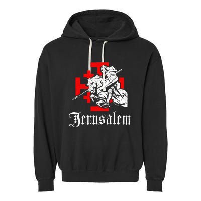 Medieval Templar Knight On War Horse Jerusalem Cross Garment-Dyed Fleece Hoodie