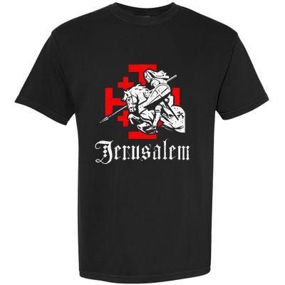 Medieval Templar Knight On War Horse Jerusalem Cross Garment-Dyed Heavyweight T-Shirt