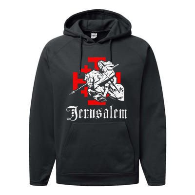 Medieval Templar Knight On War Horse Jerusalem Cross Performance Fleece Hoodie