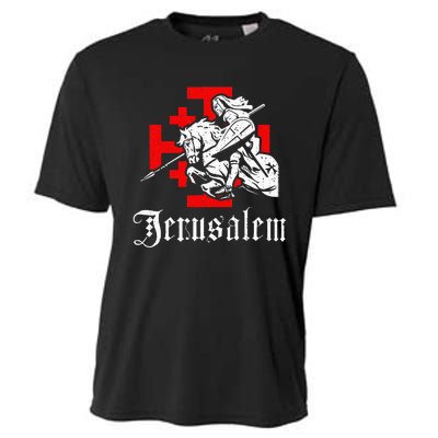 Medieval Templar Knight On War Horse Jerusalem Cross Cooling Performance Crew T-Shirt