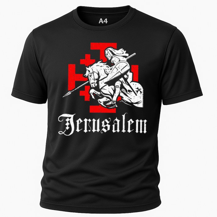 Medieval Templar Knight On War Horse Jerusalem Cross Cooling Performance Crew T-Shirt