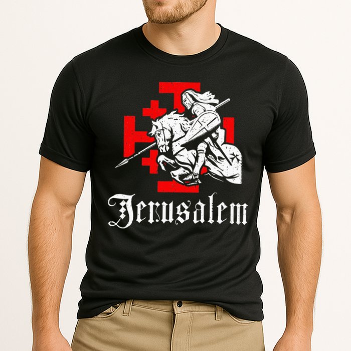 Medieval Templar Knight On War Horse Jerusalem Cross Cooling Performance Crew T-Shirt