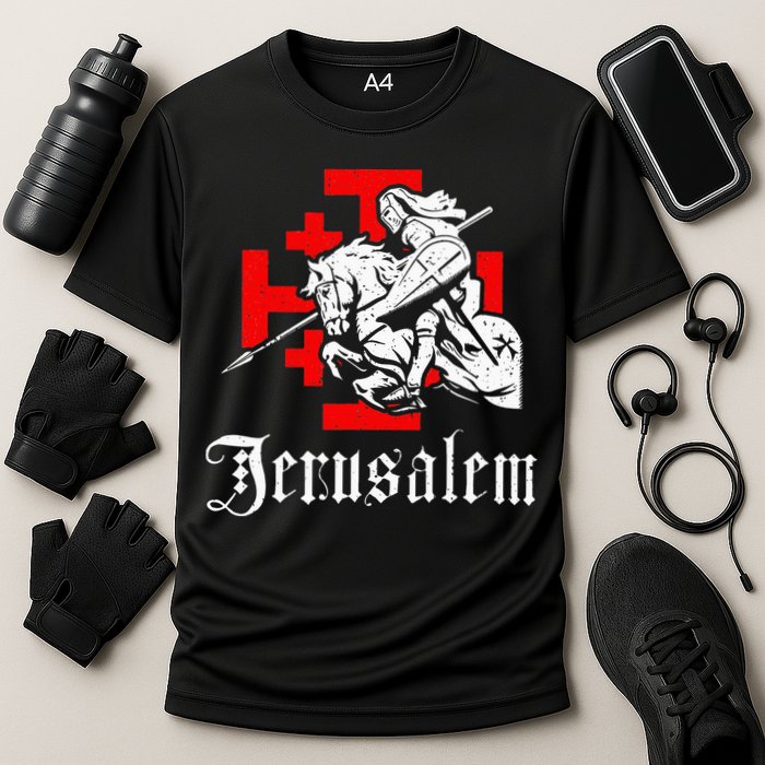 Medieval Templar Knight On War Horse Jerusalem Cross Cooling Performance Crew T-Shirt