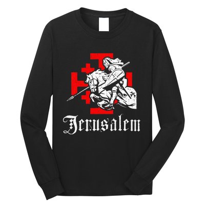 Medieval Templar Knight On War Horse Jerusalem Cross Long Sleeve Shirt