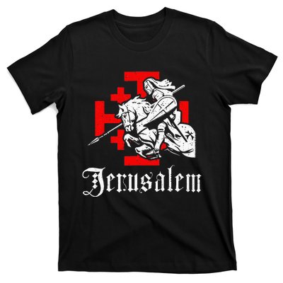 Medieval Templar Knight On War Horse Jerusalem Cross T-Shirt