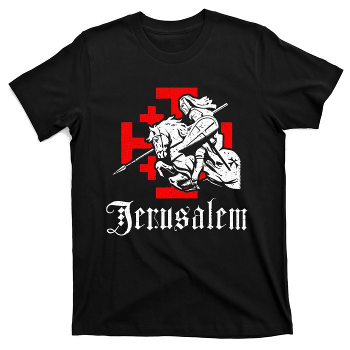 Medieval Templar Knight On War Horse Jerusalem Cross T-Shirt