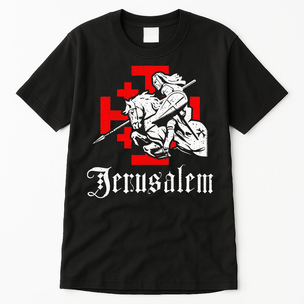 Medieval Templar Knight On War Horse Jerusalem Cross Tall T-Shirt
