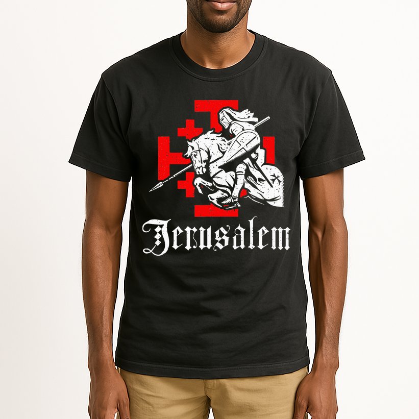 Medieval Templar Knight On War Horse Jerusalem Cross Tall T-Shirt