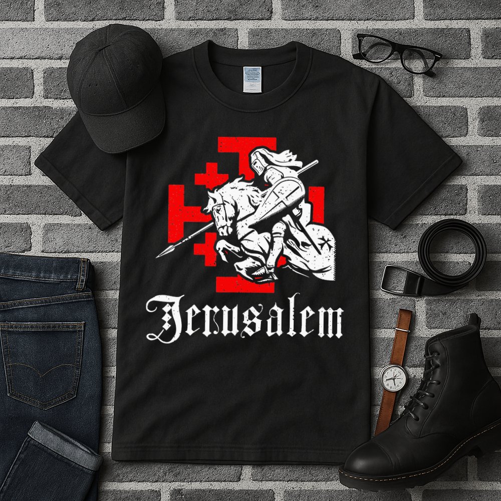 Medieval Templar Knight On War Horse Jerusalem Cross Tall T-Shirt