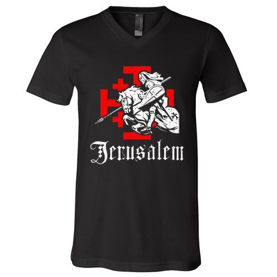 Medieval Templar Knight On War Horse Jerusalem Cross V-Neck T-Shirt