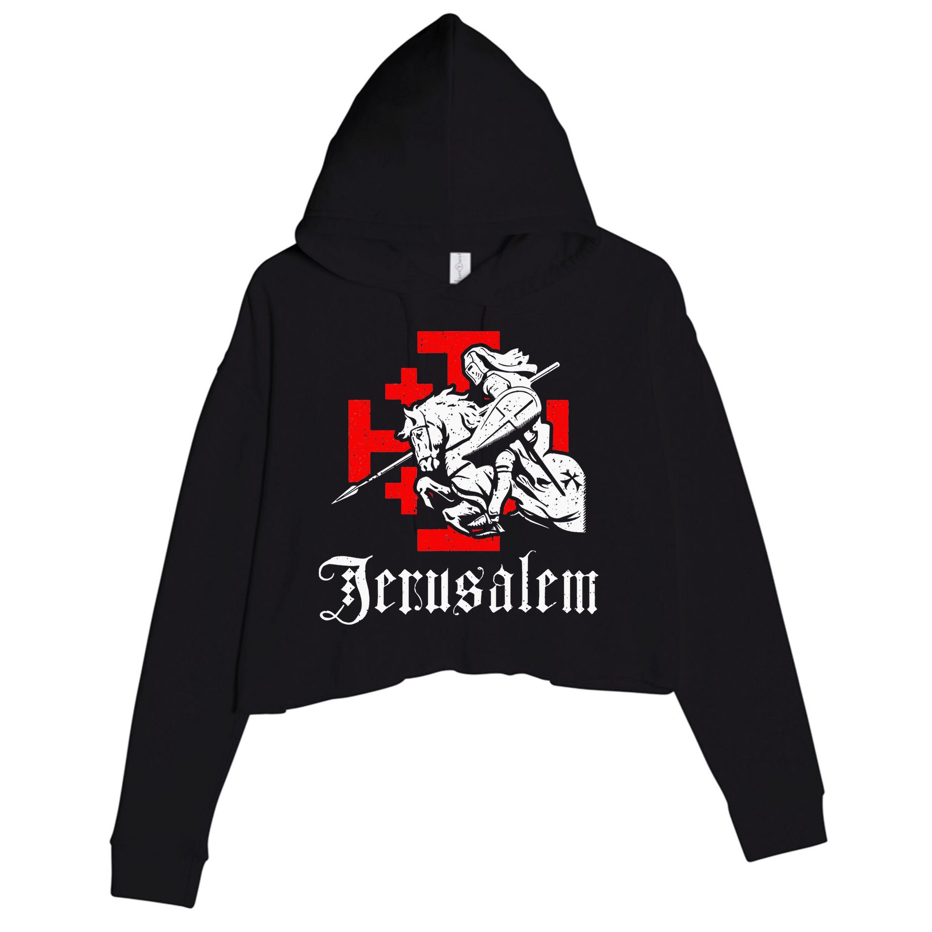 Medieval Templar Knight On War Horse Jerusalem Cross Crop Fleece Hoodie