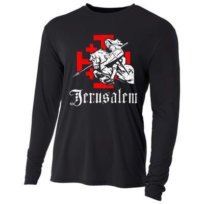 Medieval Templar Knight On War Horse Jerusalem Cross Cooling Performance Long Sleeve Crew