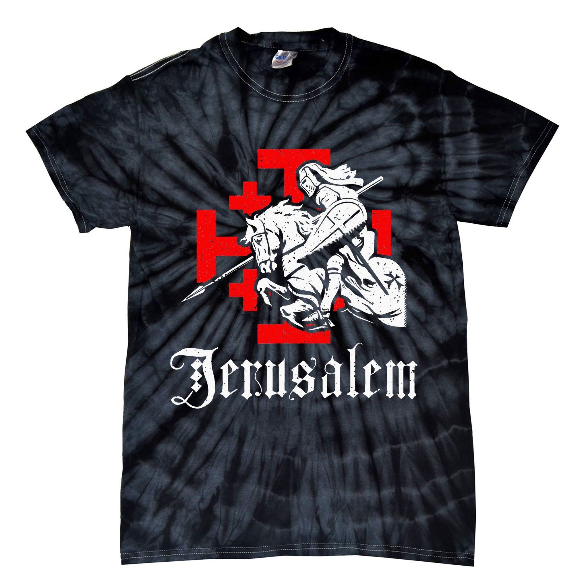 Medieval Templar Knight On War Horse Jerusalem Cross Tie-Dye T-Shirt