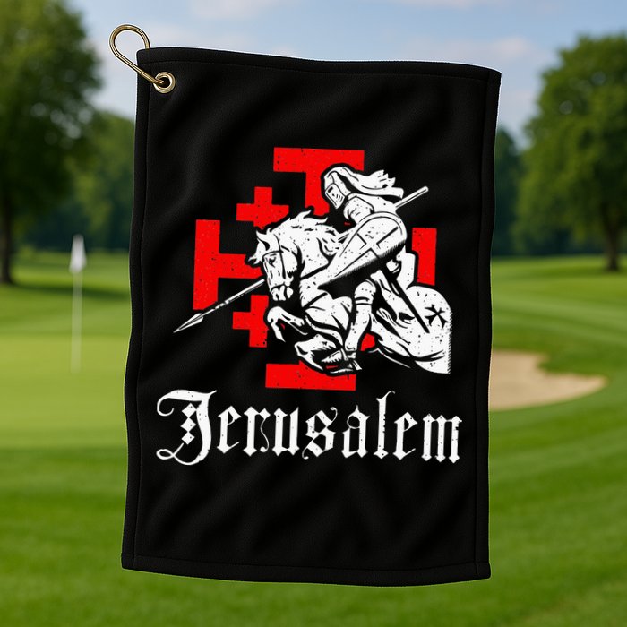 Medieval Templar Knight On War Horse Jerusalem Cross Golf Towel