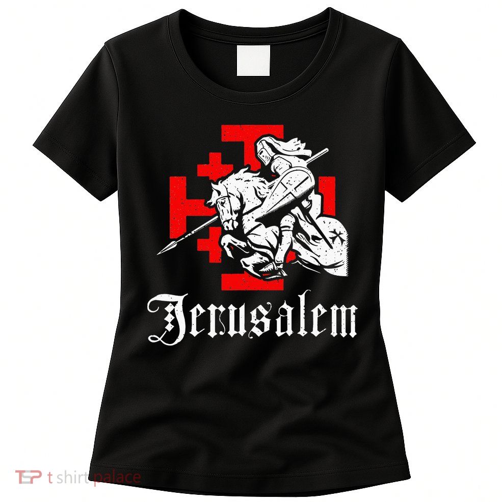 Medieval Templar Knight On War Horse Jerusalem Cross Womens T-Shirt
