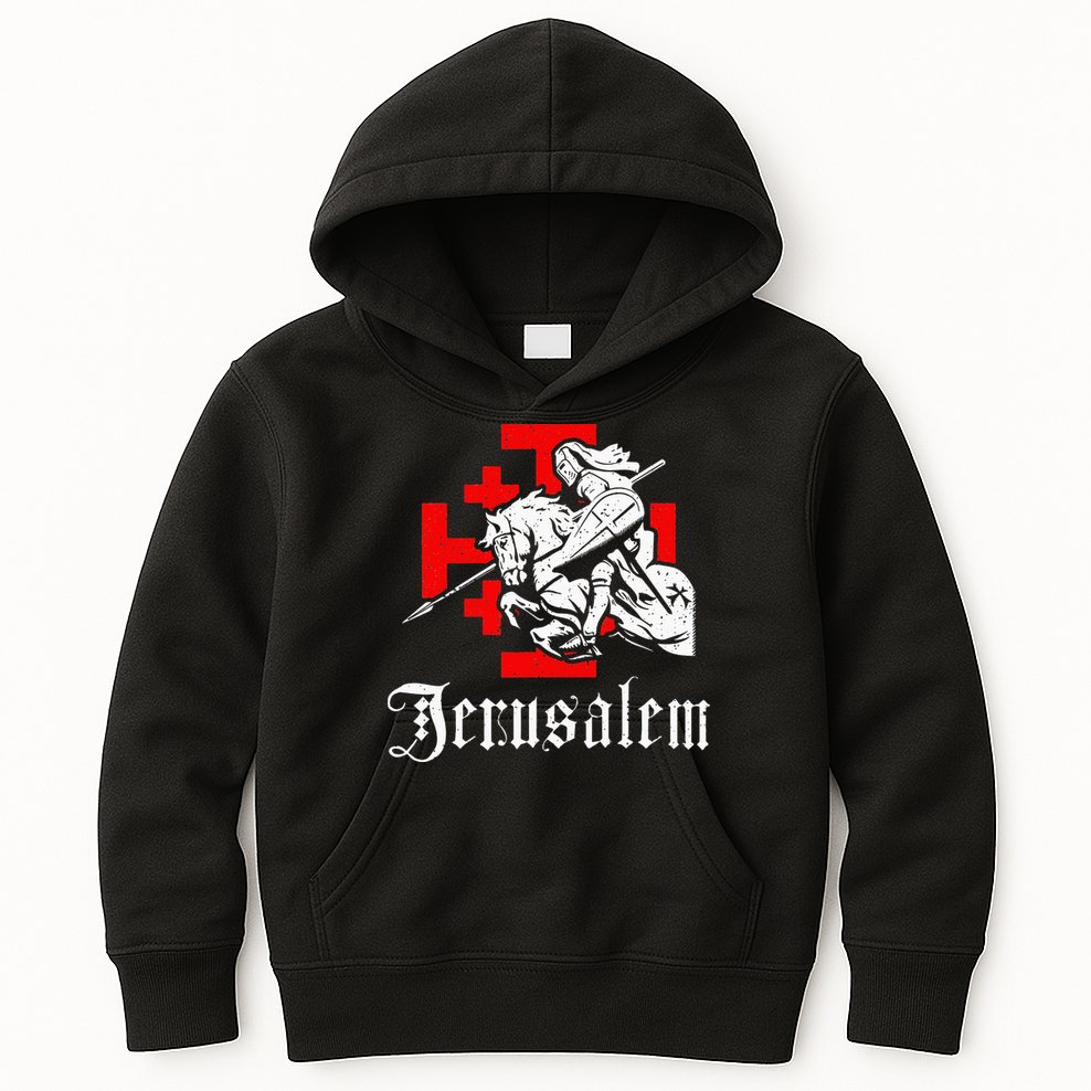 Medieval Templar Knight On War Horse Jerusalem Cross Kids Hoodie