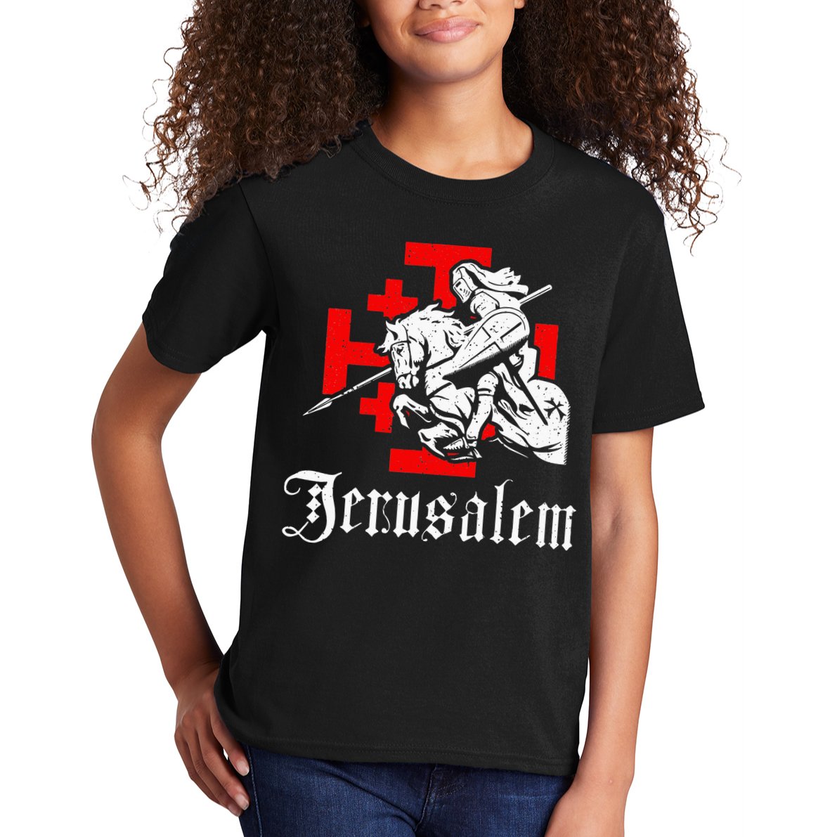 Medieval Templar Knight On War Horse Jerusalem Cross Kids T-Shirt