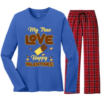 My True Love Happy Valentines Day Funny Chocolate Bar Lover Gift Women's Long Sleeve Flannel Pajama Set 