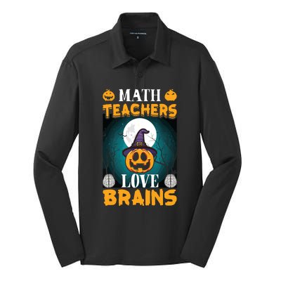 Math Teachers Love Brains Funny Halloween Math Teacher Silk Touch Performance Long Sleeve Polo