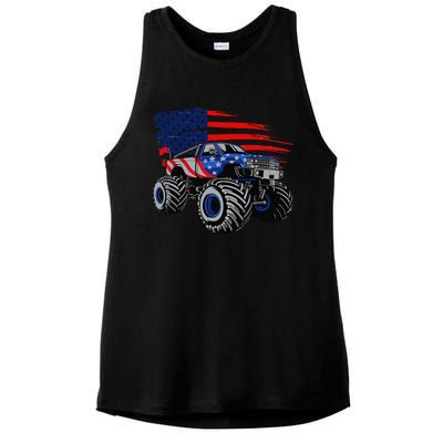 Monster Truck Lover American Flag Racing USA Patriotic Ladies PosiCharge Tri-Blend Wicking Tank