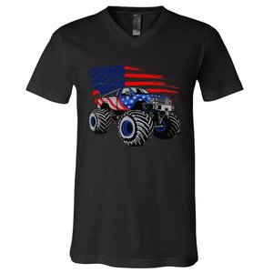 Monster Truck Lover American Flag Racing USA Patriotic V-Neck T-Shirt