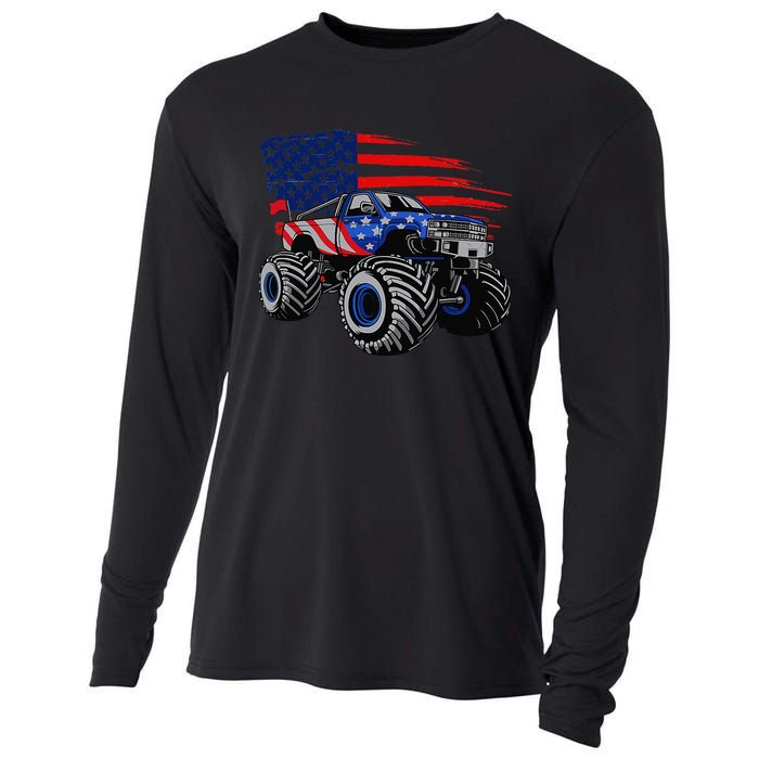 Monster Truck Lover American Flag Racing USA Patriotic Cooling Performance Long Sleeve Crew