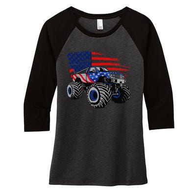 Monster Truck Lover American Flag Racing USA Patriotic Women's Tri-Blend 3/4-Sleeve Raglan Shirt