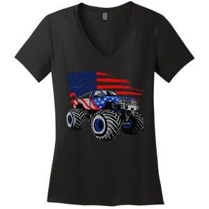 Monster Truck Lover American Flag Racing USA Patriotic Women's V-Neck T-Shirt