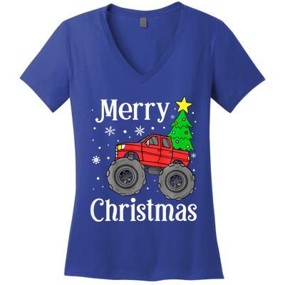 Monster Truck Merry Christmas Tree Snowflakes Women's V-Neck T-Shirt