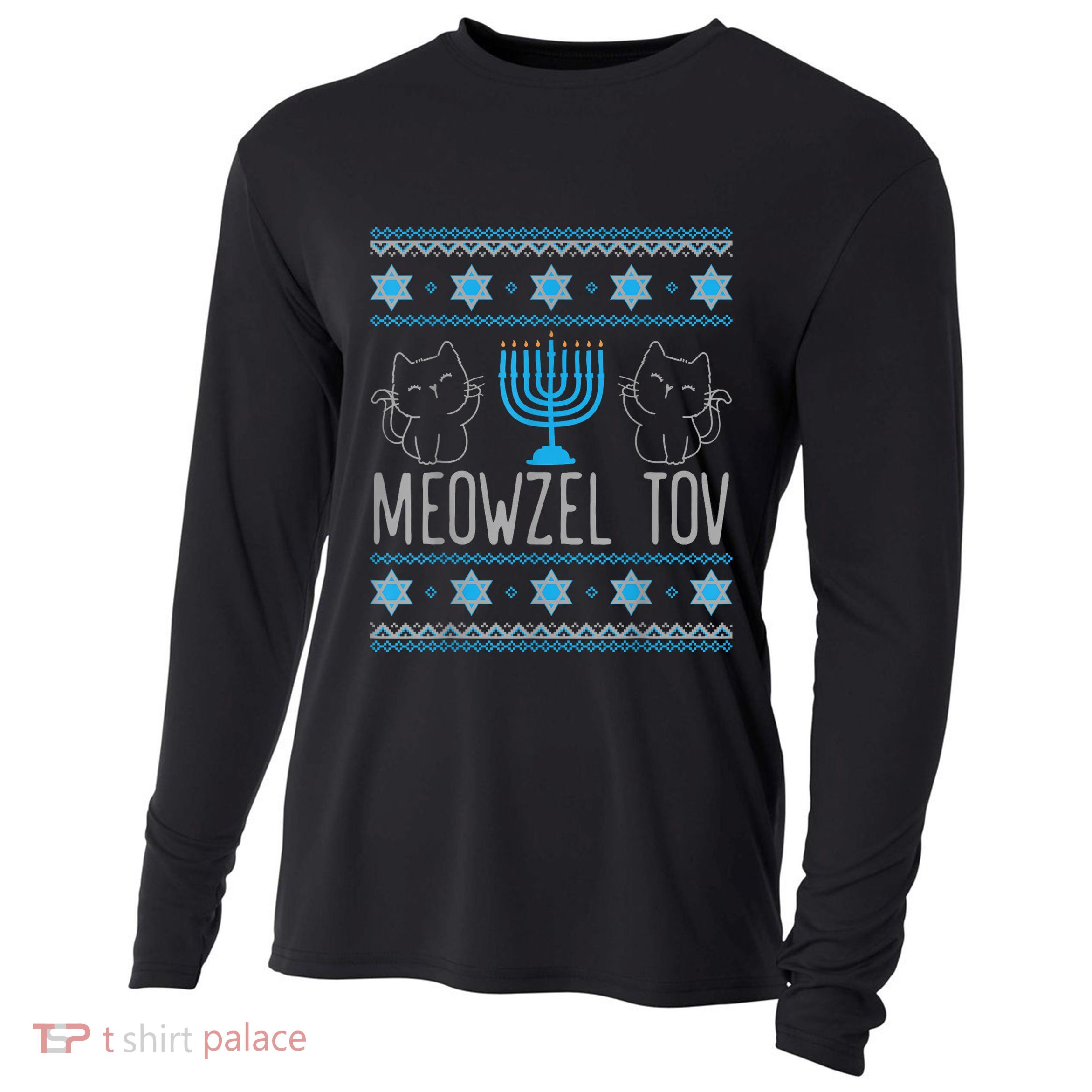 Meowzel Tov Menoarah Merry Hanukkah Funny Hanucats Cute Cat Cooling Performance Long Sleeve Crew