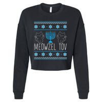 Meowzel Tov Menoarah Merry Hanukkah Funny Hanucats Cute Cat Cropped Pullover Crew