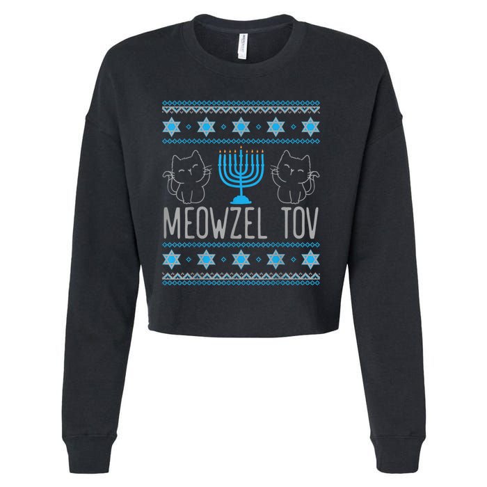 Meowzel Tov Menoarah Merry Hanukkah Funny Hanucats Cute Cat Cropped Pullover Crew