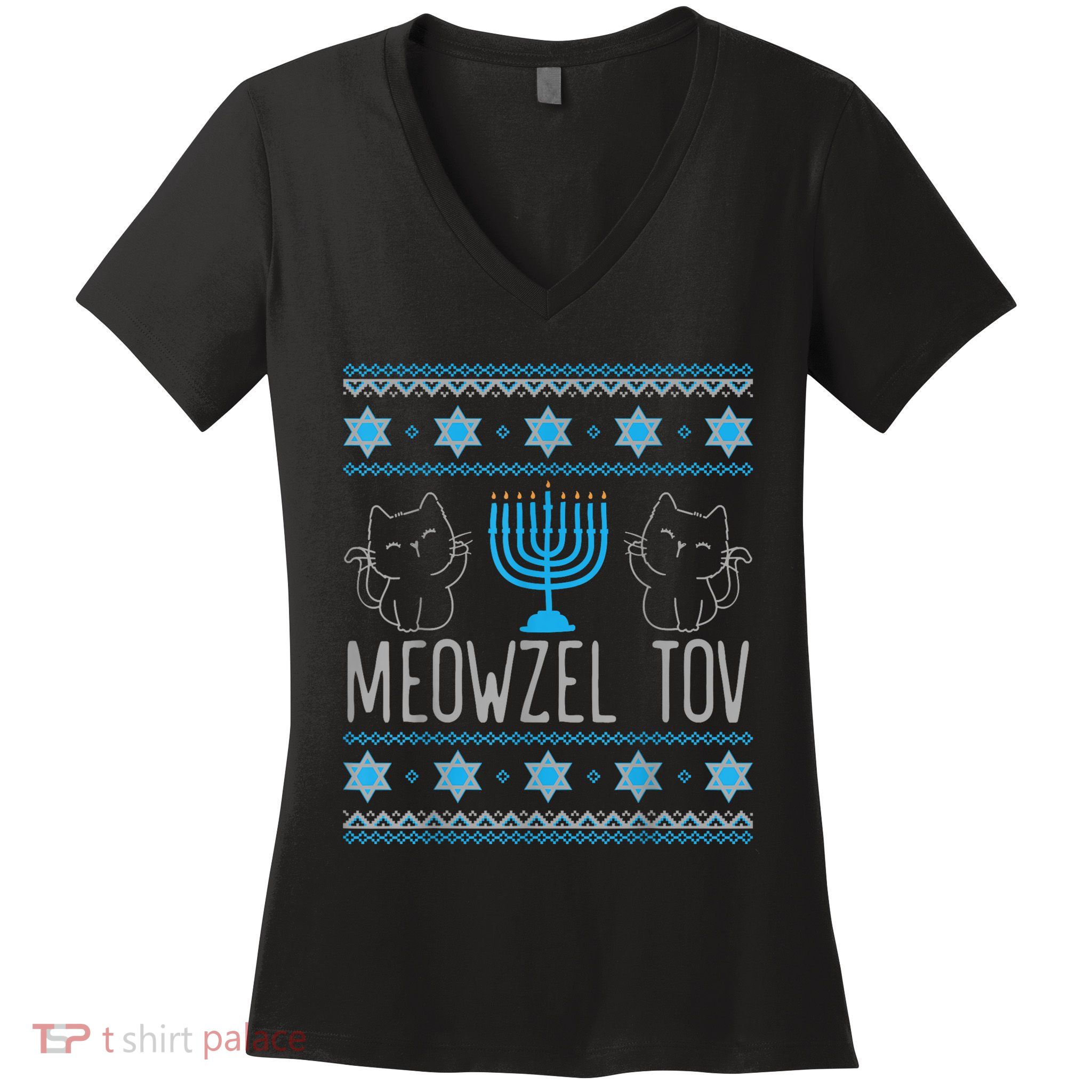 Meowzel Tov Menoarah Merry Hanukkah Funny Hanucats Cute Cat Women's V-Neck T-Shirt