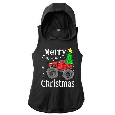 Monster Truck Merry Christmas Tree Snowflakes Ladies PosiCharge Tri-Blend Wicking Draft Hoodie Tank