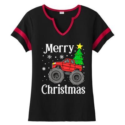 Monster Truck Merry Christmas Tree Snowflakes Ladies Halftime Notch Neck Tee