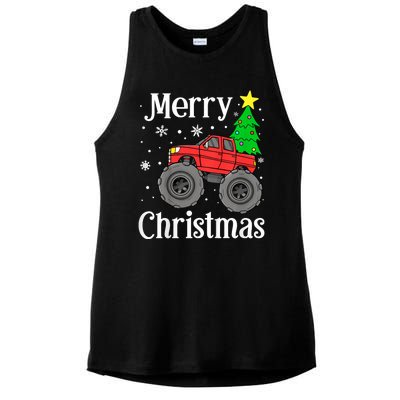 Monster Truck Merry Christmas Tree Snowflakes Ladies PosiCharge Tri-Blend Wicking Tank