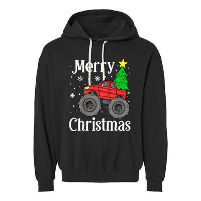 Monster Truck Merry Christmas Tree Snowflakes Garment-Dyed Fleece Hoodie