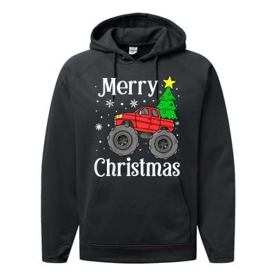 Monster Truck Merry Christmas Tree Snowflakes Performance Fleece Hoodie