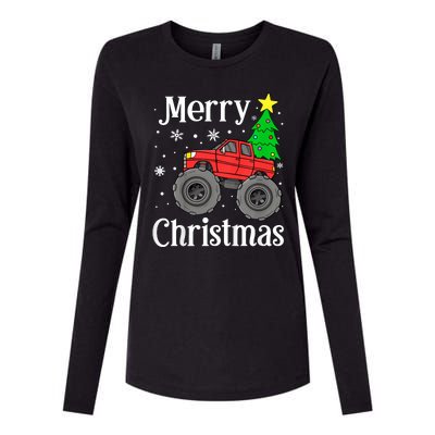 Monster Truck Merry Christmas Tree Snowflakes Womens Cotton Relaxed Long Sleeve T-Shirt