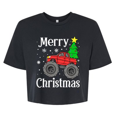 Monster Truck Merry Christmas Tree Snowflakes Bella+Canvas Jersey Crop Tee