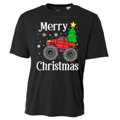 Monster Truck Merry Christmas Tree Snowflakes Cooling Performance Crew T-Shirt