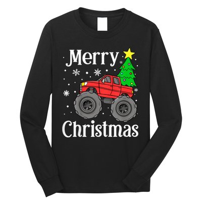 Monster Truck Merry Christmas Tree Snowflakes Long Sleeve Shirt