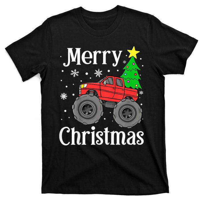 Monster Truck Merry Christmas Tree Snowflakes T-Shirt