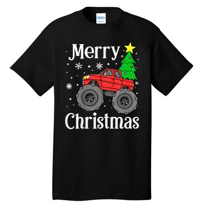 Monster Truck Merry Christmas Tree Snowflakes Tall T-Shirt