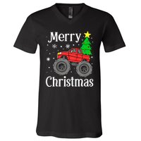 Monster Truck Merry Christmas Tree Snowflakes V-Neck T-Shirt