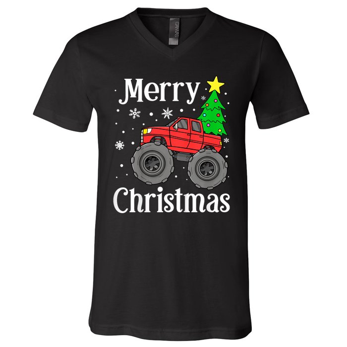 Monster Truck Merry Christmas Tree Snowflakes V-Neck T-Shirt