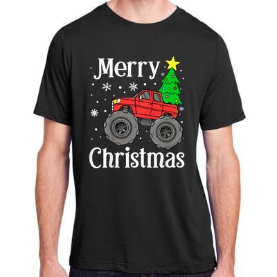 Monster Truck Merry Christmas Tree Snowflakes Adult ChromaSoft Performance T-Shirt