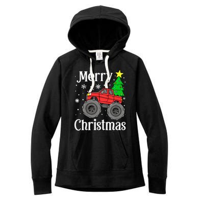 Monster Truck Merry Christmas Tree Snowflakes Women's Fleece Hoodie