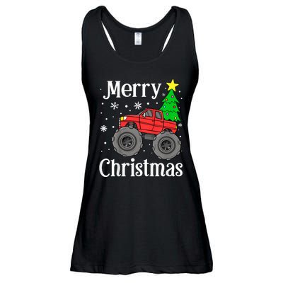 Monster Truck Merry Christmas Tree Snowflakes Ladies Essential Flowy Tank